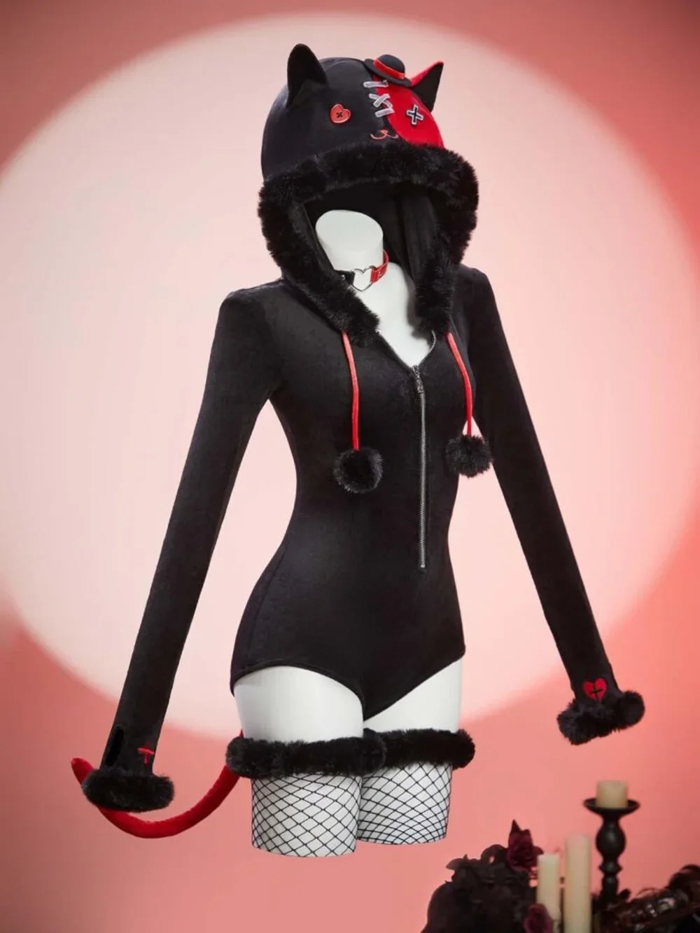 Gothic Furry Hooded Bodysuit Romper - Deep V Cat Costume for Halloween